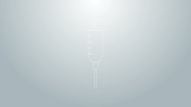 Mavi çizgi şırınga simgesi gri arkaplanda izole edildi. Aşı için şırınga, aşı, iğne, grip aşısı. Tıbbi ekipman. 4K Video hareketli grafik canlandırması