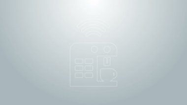 Mavi çizgi Akıllı kahve makinesi simgesi gri arkaplanda izole edildi. İnternet kavramının kablosuz bağlantısı. 4K Video hareketli grafik canlandırması
