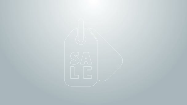 Línea azul Etiqueta de precio con inscripción Icono de venta aislado sobre fondo gris. Insignia por precio. Descuento de etiqueta promocional. Animación gráfica de vídeo 4K — Vídeo de stock