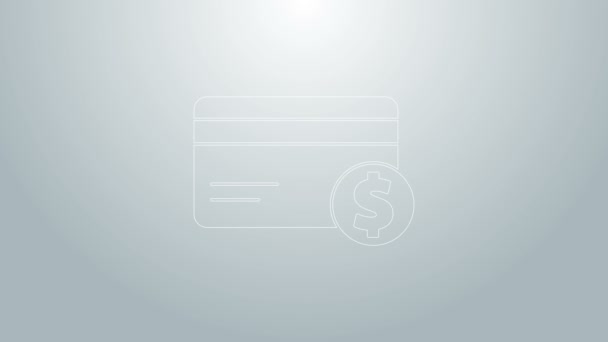 Kék vonal Hitelkártya és dollár szimbólum ikon elszigetelt szürke alapon. Online fizetés. Készpénzfelvétel. Pénzügyi műveletek. 4K Videó mozgás grafikus animáció