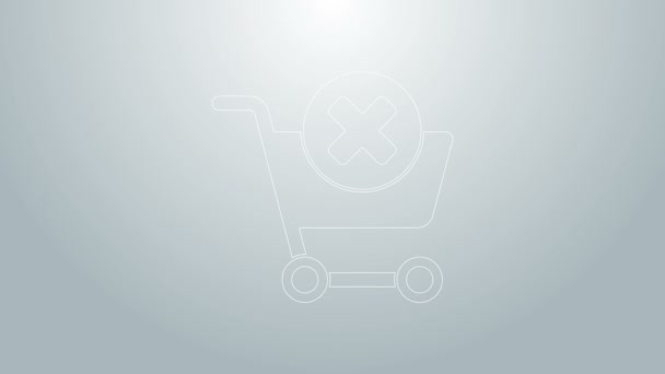 Línea azul Quitar icono del carrito de compras aislado sobre fondo gris. Concepto de compra en línea. Servicio de entrega. Cesta de supermercado y marca X. Animación gráfica de vídeo 4K — Vídeo de stock