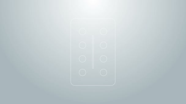 Línea azul Pastillas en blister icono del envase aislado sobre fondo gris. Paquete médico para tabletas, vitaminas, antibióticos, aspirina. Animación gráfica de vídeo 4K — Vídeo de stock