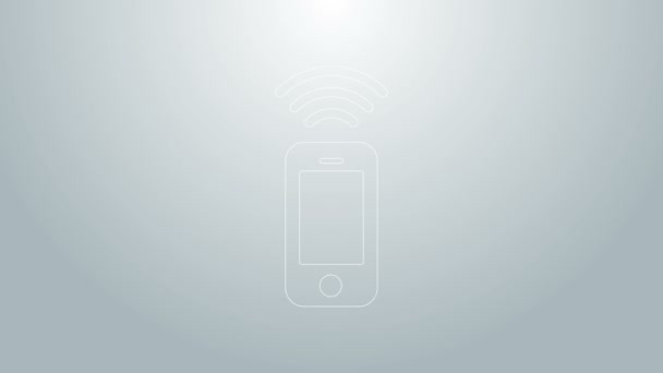 Blå linje Trådlös smartphone-ikon isolerad på grå bakgrund. 4K Video motion grafisk animation — Stockvideo