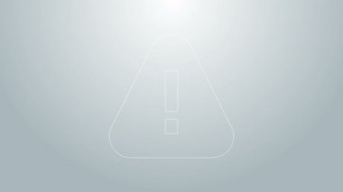 Gri arkaplanda mavi çizgi ünlem işareti var. Tehlike uyarısı, dikkat, dikkat, tehlike uyarısı. 4K Video hareketli grafik canlandırması