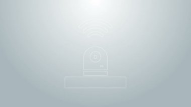 Mavi çizgi. Gri arkaplanda akıllı güvenlik kamerası simgesi izole edildi. İnternet kavramının kablosuz bağlantısı. 4K Video hareketli grafik canlandırması