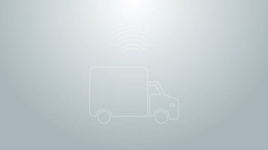 Mavi hat. Gri arkaplanda kablosuz bağlantı ikonu olan akıllı kargo kamyonu. 4K Video hareketli grafik canlandırması