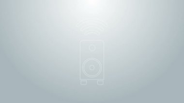 Mavi çizgi Akıllı stereo hoparlör sistemi simgesi gri arkaplanda izole edildi. Ses sistemi hoparlörleri. İnternet kavramının kablosuz bağlantısı. 4K Video hareketli grafik canlandırması
