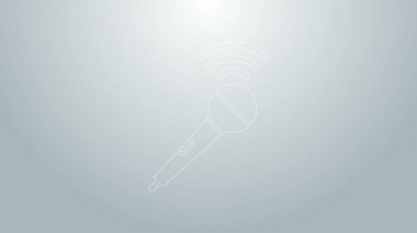 Mavi hat kablosuz mikrofon simgesi gri arkaplanda izole edildi. Radyodaki mikrofondan. Sözcü işareti. 4K Video hareketli grafik canlandırması
