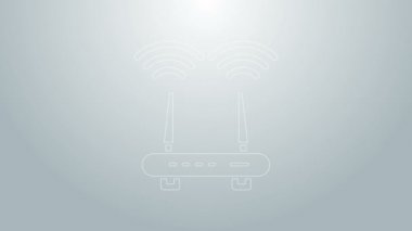Mavi hat Router ve kablosuz ağ sinyali ikonu gri arkaplanda izole edildi. Kablosuz ethernet modem yönlendirici. Bilgisayar teknolojisi interneti. 4K Video hareketli grafik canlandırması
