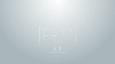 Mavi çizgi Akıllı TV sistemi simgesi gri arkaplanda izole edildi. Televizyon tabelası. İnternet kavramının kablosuz bağlantısı. 4K Video hareketli grafik canlandırması