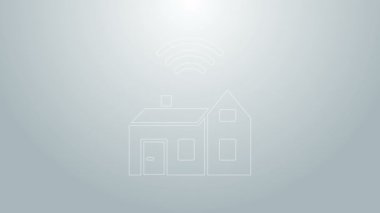 Gri arkaplanda kablosuz ikonu olan akıllı ev. Uzaktan kumanda. İnternet kavramının kablosuz bağlantısı. 4K Video hareketli grafik canlandırması