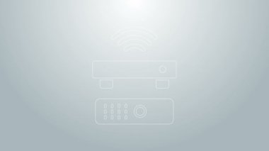 Mavi çizgi, kablosuz multimedya ve TV kutusu alıcısı ve uzaktan kumanda simgesine sahip oyuncu gri arkaplanda izole edildi. 4K Video hareketli grafik canlandırması