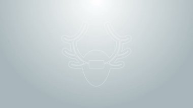 Gri arkaplanda mavi çizgi geyik boynuzları izole edilmiş. Duvarda av kupası. 4K Video hareketli grafik canlandırması