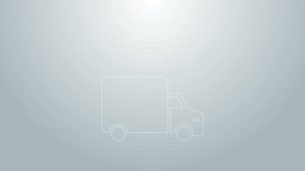 Niebieska linia Inteligentna dostawa pojazdu ciężarowego z bezprzewodową ikoną połączenia izolowane na szarym tle. 4K Animacja graficzna ruchu wideo — Wideo stockowe