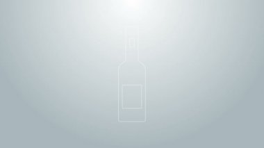 Mavi çizgili cam şişe votka ikonu gri arka planda izole edilmiş. 4K Video hareketli grafik canlandırması