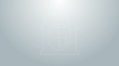 Mavi Hat Evi, gri arka planda izole edilmiş koruma simgesi altında. Ev ve kalkan. Koruma, güvenlik, güvenlik, koruma, savunma konsepti. 4K Video hareketli grafik canlandırması