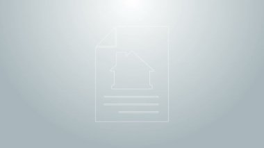 Mavi çizgi ev sözleşmesi ikonu gri arka planda izole edildi. Sözleşme oluşturma hizmeti, belge oluşumu, başvuru formu bileşimi. 4K Video hareketli grafik canlandırması