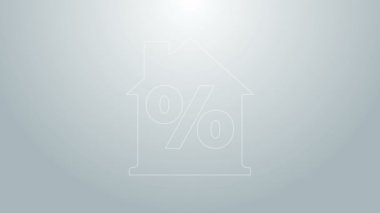 Gri arkaplanda özel indirimli etiket simgesine sahip mavi çizgi evi. Emlak evi. Kredi yüzdesi sembolü. 4K Video hareketli grafik canlandırması