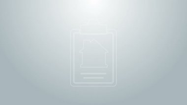 Mavi çizgi ev sözleşmesi ikonu gri arka planda izole edildi. Sözleşme oluşturma hizmeti, belge oluşumu, başvuru formu bileşimi. 4K Video hareketli grafik canlandırması