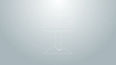 Mavi çizgi asma işareti ve gri arkaplanda izole edilmiş metin satışı simgesi. Mesaj indirimli tabela. 4K Video hareketli grafik canlandırması