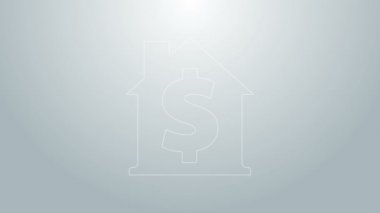 Gri arkaplanda dolar sembolü olan mavi çizgi evi. Ev ve para. Emlak konsepti. 4K Video hareketli grafik canlandırması