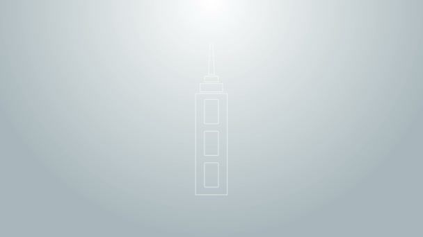 Icono rascacielos de línea azul aislado sobre fondo gris. Arquitectura metrópolis paisaje panorámico. Animación gráfica de vídeo 4K — Vídeo de stock