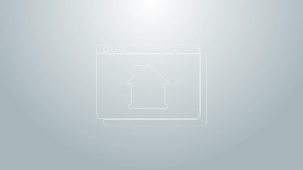 Blauwe lijn Online vastgoed huis in browser icoon geïsoleerd op grijze achtergrond. Woningkredietconcept, huur, koop, koop een woning. 4K Video motion grafische animatie — Stockvideo