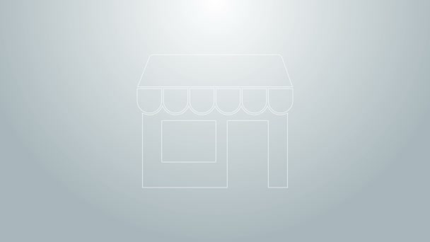 Blå linje Shopping byggnad eller marknadsbutik ikon isolerad på grå bakgrund. Butikskonstruktion. 4K Video motion grafisk animation — Stockvideo