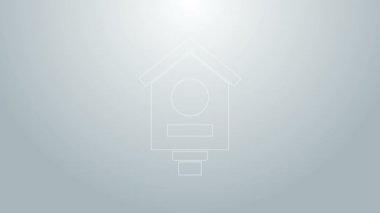 Mavi çizgi kuş evi simgesi gri arkaplanda izole edildi. Yuva kutusu kuş evi, kuşlar için ev yapımı bina. 4K Video hareketli grafik canlandırması