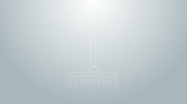 Mavi çizgi bahçe tırmık simgesi gri arkaplanda izole edildi. Bahçecilik, tarım, çiftçilik aleti. Toprak işçisi. 4K Video hareketli grafik canlandırması