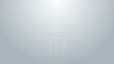 Mavi çizgili bahçe dirgen simgesi gri arkaplanda izole edilmiş. Bahçe çatalı işareti. Bahçecilik, tarım, çiftçilik aleti. 4K Video hareketli grafik canlandırması