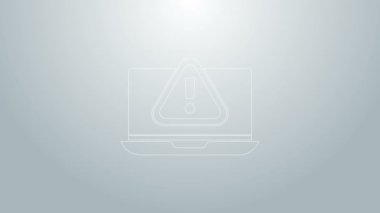 Gri arkaplanda ünlem işareti simgesi olan mavi çizgi dizüstü bilgisayar. Uyarı mesajı akıllı telefon uyarısı. 4K Video hareketli grafik canlandırması