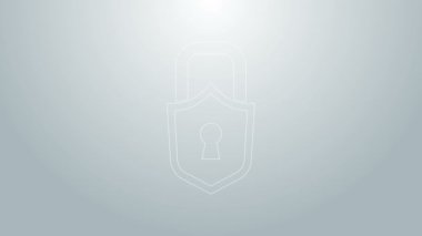 Mavi çizgi kilidi simgesi gri arkaplanda izole edildi. Asma kilit işareti. Güvenlik, güvenlik, koruma, gizlilik kavramı. 4K Video hareketli grafik canlandırması