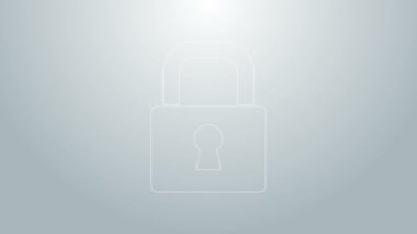 Mavi çizgi kilidi simgesi gri arkaplanda izole edildi. Asma kilit işareti. Güvenlik, güvenlik, koruma, gizlilik kavramı. 4K Video hareketli grafik canlandırması