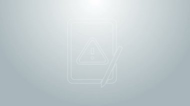 Gri zemin üzerinde ünlem işareti simgesi olan mavi çizgi grafiksel tablet. Uyarı mesajı akıllı telefon uyarısı. 4K Video hareketli grafik canlandırması