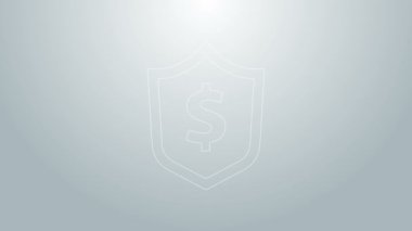 Gri arkaplanda dolar sembolü olan mavi çizgi kalkanı. Güvenlik kalkanı koruması. Para güvenliği konsepti. 4K Video hareketli grafik canlandırması