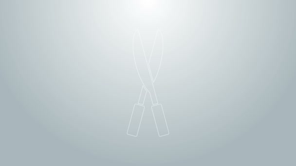 Modrá čára Zahradní ruční nůžky pro ořezávání ikony izolované na šedém pozadí. Stříhací nůžky s dřevěnou rukojetí. Grafická animace pohybu videa 4K — Stock video