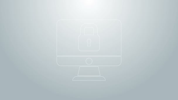 ブルーライングレーの背景に隔離されたコンピュータのモニター画面アイコンをロックします。セキュリティ、安全、保護の概念。安全なインターネットだ。4Kビデオモーショングラフィックアニメーション — ストック動画