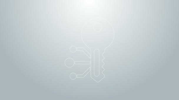 Blauwe lijn Cryptogeld sleutel pictogram geïsoleerd op grijze achtergrond. Concept van cyber security of private key, digitale sleutel met technologische interface. 4K Video motion grafische animatie — Stockvideo