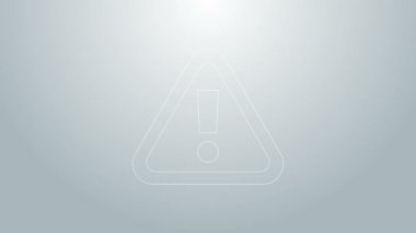 Gri arkaplanda mavi çizgi ünlem işareti var. Tehlike uyarısı, dikkat, dikkat, tehlike uyarısı. 4K Video hareketli grafik canlandırması