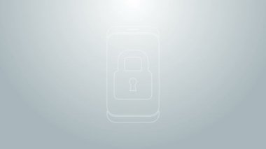Gri arkaplanda kapalı asma kilit simgesine sahip mavi çizgi akıllı telefon. Kilitli telefon. Gezici güvenlik, güvenlik, koruma konsepti. 4K Video hareketli grafik canlandırması