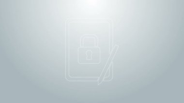 Gri arkaplanda kapalı asma kilit simgesine sahip mavi çizgi grafiksel tablet. Kilitli telefon. Gezici güvenlik, güvenlik, koruma konsepti. 4K Video hareketli grafik canlandırması