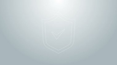 Gri arkaplanda işaret simgesi olan mavi çizgi kalkanı. Güvenlik, güvenlik, koruma, gizlilik kavramı. Kene izi onaylandı. 4K Video hareketli grafik canlandırması