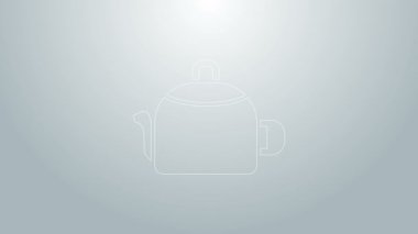 Gri arkaplanda ikon olan mavi çizgi Kettle. Çaydanlık ikonu. 4K Video hareketli grafik canlandırması