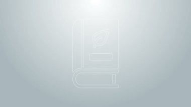 Gri arkaplanda yaprak simgesi olan mavi çizgi tıp kitabı. 4K Video hareketli grafik canlandırması