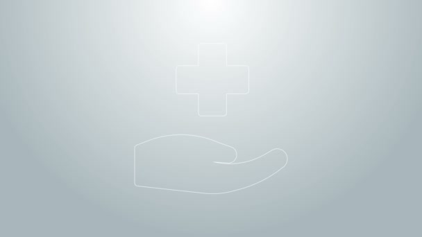Blaue Linie Kreuz Krankenhaus medizinische Ikone isoliert auf grauem Hintergrund. Erste Hilfe. Diagnose-Symbol. Medizin und Apotheke Zeichen. 4K Video Motion Grafik Animation — Stockvideo