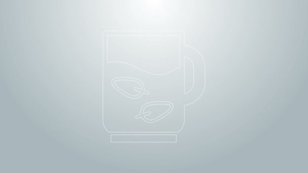Modrá čára Šálek čaje a listí ikona izolované na šedém pozadí. Grafická animace pohybu videa 4K — Stock video