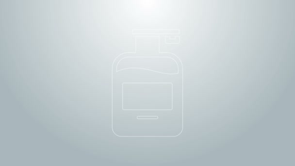 Modrá čára Lahvička tekutého antibakteriálního mýdla s ikonou dávkovače izolovanou na šedém pozadí. Antiseptik. Dezinfekce, hygiena, péče o pleť. Grafická animace pohybu videa 4K — Stock video
