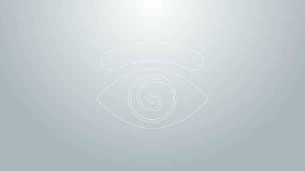 Línea azul Icono de hipnosis aislado sobre fondo gris. Ojo humano con iris hipnótico espiral. Animación gráfica de vídeo 4K — Vídeos de Stock