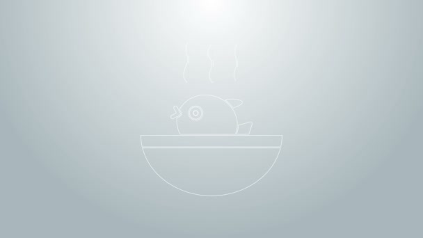 蓝线淡水鱼汤图标孤立在灰色背景.福谷鱼，日本河豚。4K视频运动图形动画 — 图库视频影像